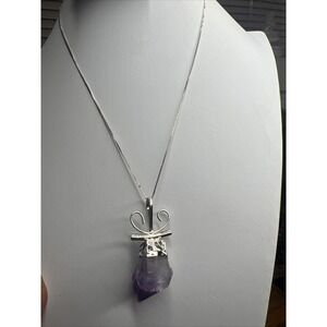 Sterling Silver 925 Amethyst Crystal Point Pendant 16in Box Chain Necklace Italy